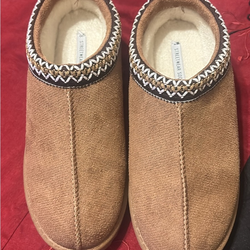 Streetwear Society Tan Slip-On Shoes with Embroidered Trim